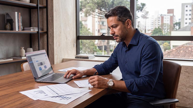 Homem de camisa azul em escritório moderno trabalhando em uma mesa de madeira com notebook, documentos e vista para a cidade ao fundo. Corretora de imóveis em Curitiba