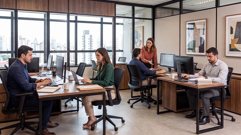 Equipe de profissionais trabalhando na corretora de imóveis em Curitiba com estações de trabalho de madeira, computadores e ampla vista para edifícios da cidade.